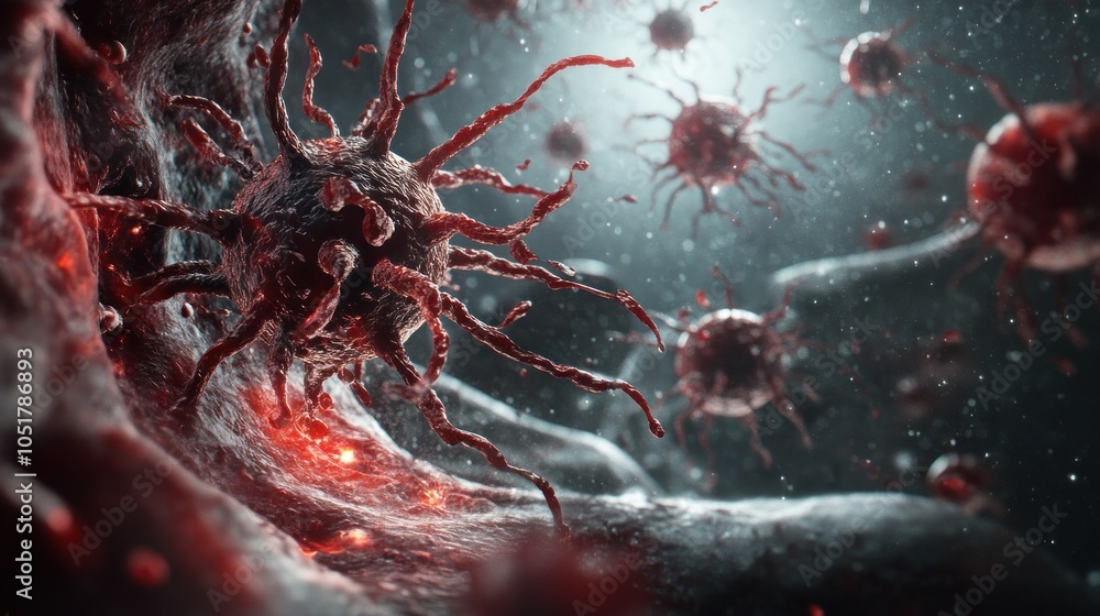 Poster a microscopic view of a virus, with many small red viruses and a large one in the foreground, with a