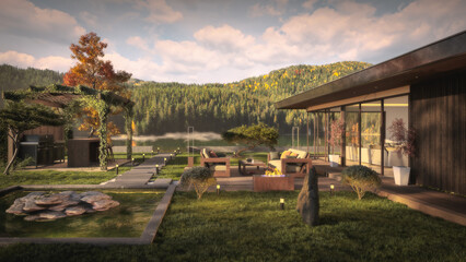 Obraz premium A luxurious natural patio with a villa in a romantic morning,, 3D rendering