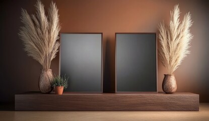 Two Wooden Picture Frames with Black Background and Pampas Grass