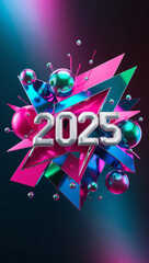 Fototapeta premium Energetic 3D Typography Celebrating 2025 with Neon Colors, Glossy Spheres, and Bold Geometric Shapes