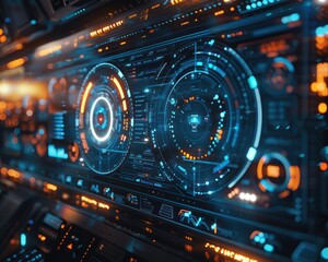 Obraz premium A futuristic control panel featuring vibrant blue and orange graphical displays, showcasing advanced technology and data visualization.