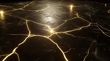 Golden cracks on black marble surface with light reflections.