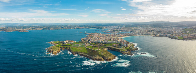 Aerial point of view of A Coruna city. Situated in Galicia province, in Northwest of Spain.  A...