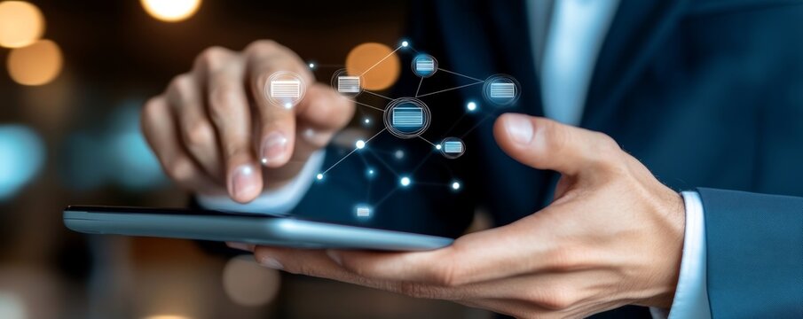 Businessman Holding Digital Tablet with Floating Document Icons