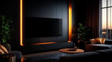 Modern living room interior with stylish decor and warm lighting.