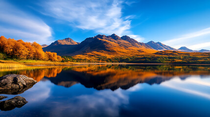 Scenic lake reflecting autumn mountains under a vibrant blue sky.