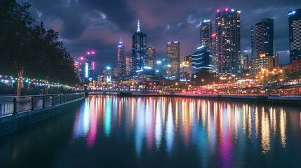 Obraz premium Vibrant cityscape of Melbourne at night with illuminated skyline and reflections on water.