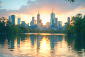 Naklejka premium Blurred City Skyline at Sunset with Clear Foreground