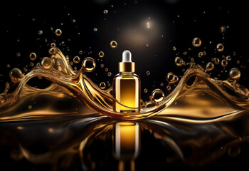 A glass bottle of golden liquid with a dropper, standing on a dark background with a golden liquid splash around it.