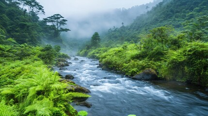 Serene river flowing through lush green forest, misty mountains in background