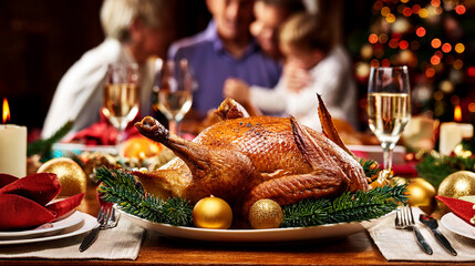 Gebratene Weihnachts-Ganz auf dem festlich geschmückten Tisch