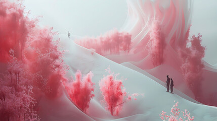 people in surreal landscape