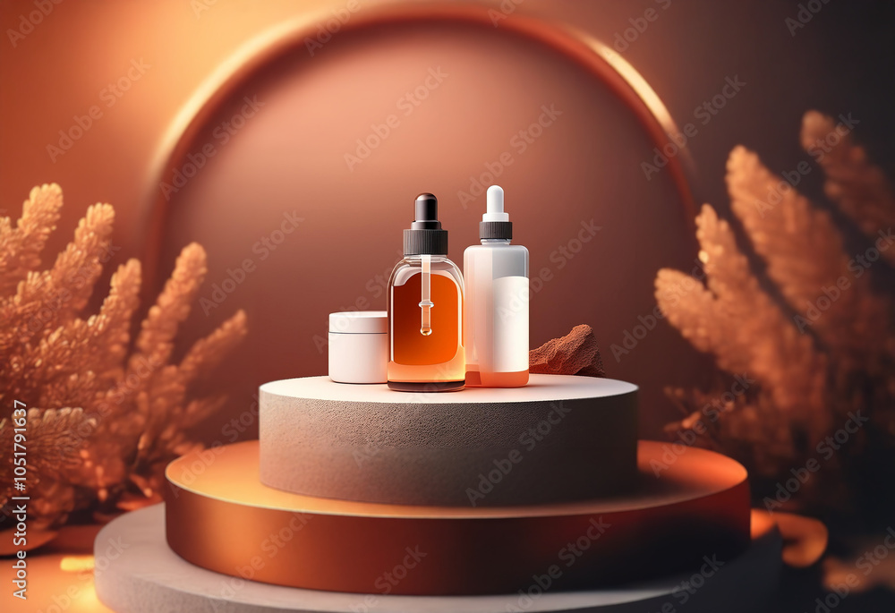Poster two glass dropper bottles and a cream jar are displayed on a two-tiered platform against a backdrop 