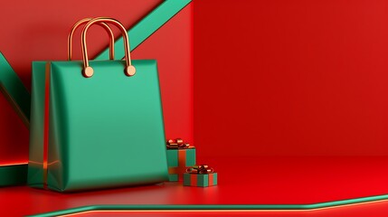 3D Green Shopping Bag with Gift Boxes on Red Background. Christmas Theme