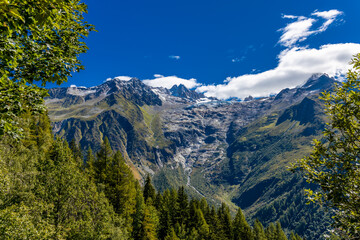 Chamonix rocky granite mountain peaks in french Alps around Mont Blanc summit in Chamonix valley....
