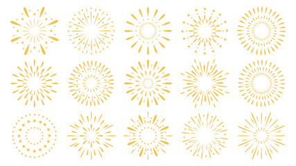 Exploding festival gold fireworks set, Isolated on white background. Design concept for holiday banner, poster, flyer, greeting card. Flat simple style vector. Decorative elements for animation