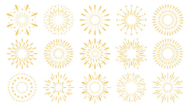 Exploding festival gold fireworks set, Isolated on white background. Design concept for holiday banner, poster, flyer, greeting card. Flat simple style vector. Decorative elements for animation