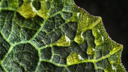 A close-up shot of a green leaf with water droplets.