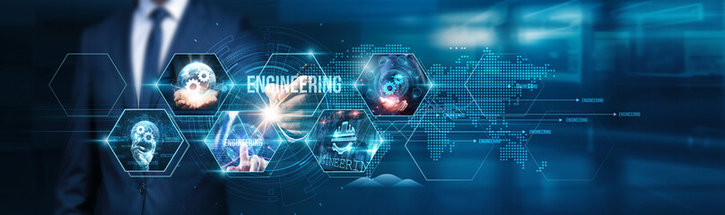 Businessman touch on various engineering principles, leveraging innovative technologies to enhance...