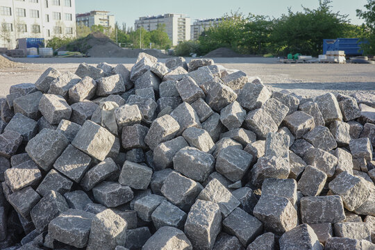 Construction site with pile of paving stones