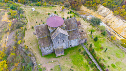 Akhtala Monastery also known as Pghindzavank. Lori province, Armenia. Taken with a drone