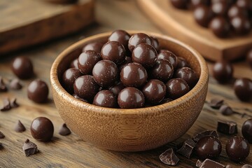 Fototapeta premium Close-up of a Bowl of Dark Chocolate Balls on a Wooden Table