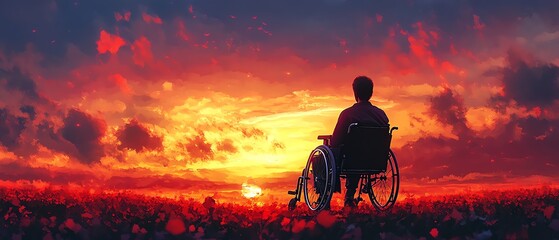Fototapeta premium A person in a wheelchair watching a stunning sunset over a vast field, symbolizing hope, resilience, and freedom in nature's beauty.