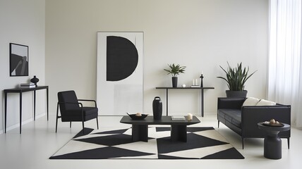 a monochrome minimalist living room with black and white decor.