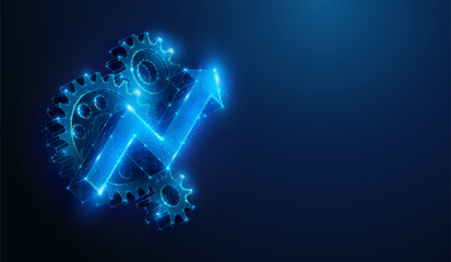 Abstract illustration of low poly arrow up over cogwheels. Blue geometric background depicting operational excellence, optimize technology, innovation, production growth concept by wireframe mesh