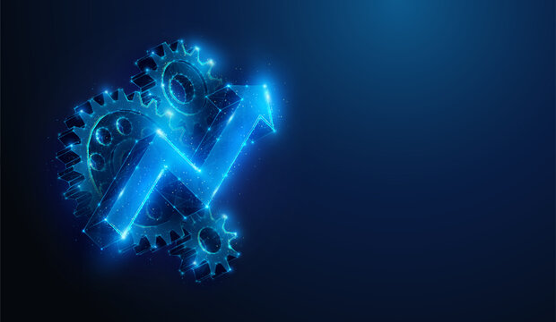 Abstract illustration of low poly arrow up over cogwheels. Blue geometric background depicting operational excellence, optimize technology, innovation, production growth concept by wireframe mesh