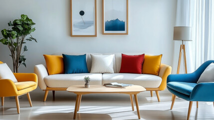 Fototapeta premium scandinavian interior design of modern living room vibrant colorful furniture