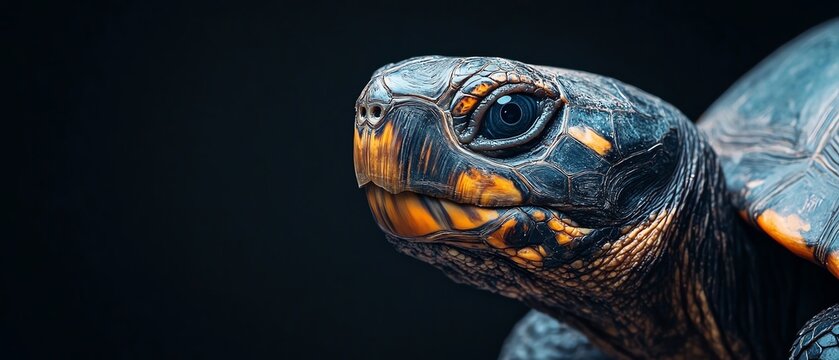 Close-up of a colorful turtle with a detailed shell against a dark background, showcasing vibrant patterns and textures.