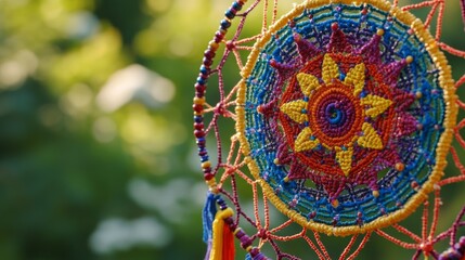 Fototapeta premium A colorful dreamcatcher with intricate details hangs against a blurred green background.