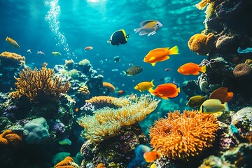Naklejka premium Vibrant underwater scene with colorful coral and fish.
