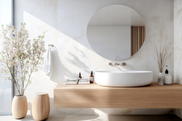 White Interior design of modern bathroom with sandstone wall