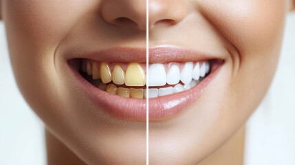 Sidebyside comparison of a womans smile, yellowed teeth on one side, brilliantly white and polished on the other, subtle shadows, soft focus