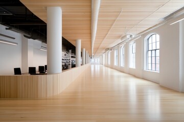 Naklejka premium Modern Office Interior with Wooden Floor and Light Wood Ceiling
