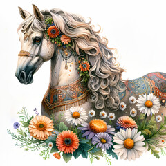 Horse head in a floral farm setting.
Rustic equine illustration with flowers.
Rural art featuring horse and blossoms.