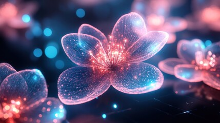 Abstract glowing pink flower with a blue background and bokeh lights.