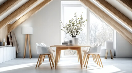 Fototapeta premium Dining table and chairs in attic with wood beams. Scandinavian interior design