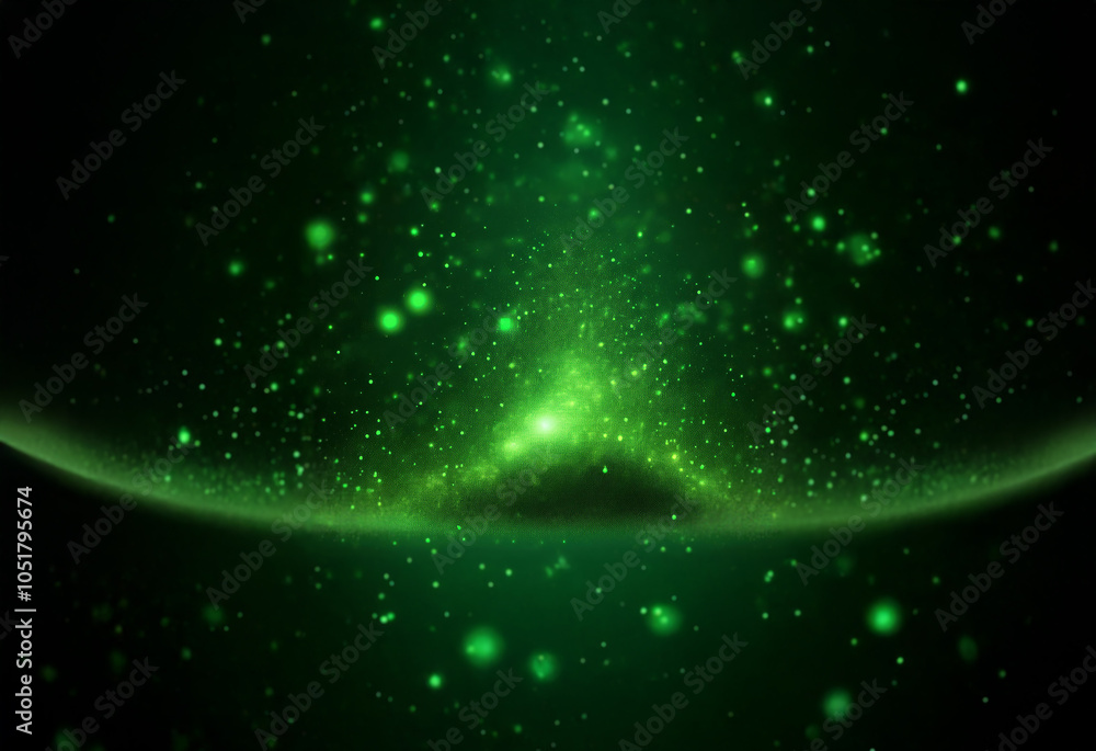 Poster a vibrant green glow emanates from a central point, illuminating a dark expanse dotted with sparklin