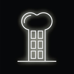 White neon sign in the shape of a chef toque, glowing over a black background, ideal for restaurant, food, and culinary themes