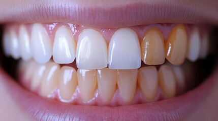 Teeth whitening transformation, focusing on the gradual improvement of a smile, from dull and stained to gleaming and bright, dental clinic lighting