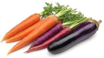 A group of fresh carrots and an eggplant isolated on a white background.