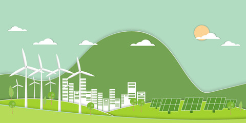 Green ecology city and alternative renewable energy.Paper art Vector illustration. ESG  environmental social  Concept
 

