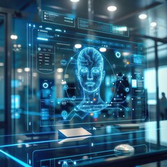 Fototapeta premium A futuristic display showing a digital head with data visualization in a tech-driven environment.
