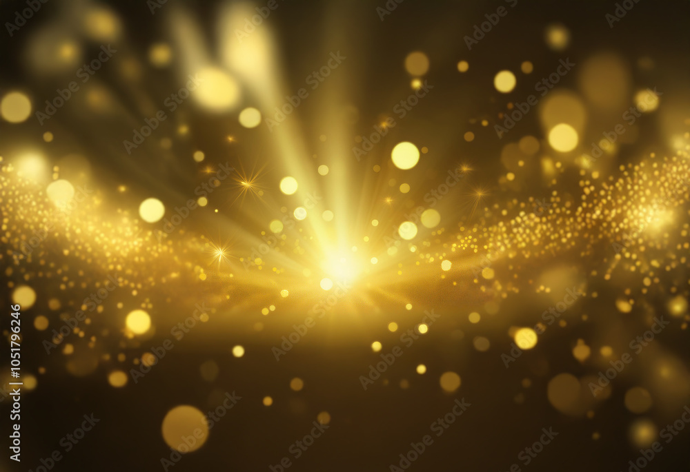Poster abstract background with glowing golden particles and light rays.