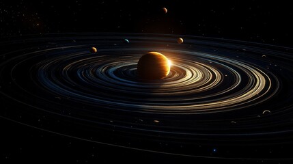 Obraz premium A stunning cosmic scene showcasing a planet surrounded by glowing rings and orbiting celestial bodies within a dark universe.