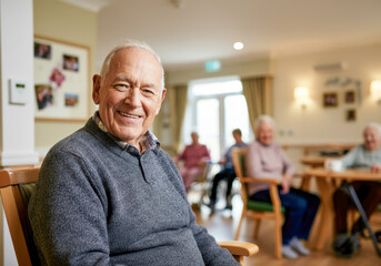 Fototapeta premium Smiling elderly man enjoying leisure time at a senior community center on a sunny afternoon with other residents in the background