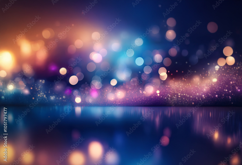 Poster a blurred background of twinkling lights with a reflective surface in the foreground.